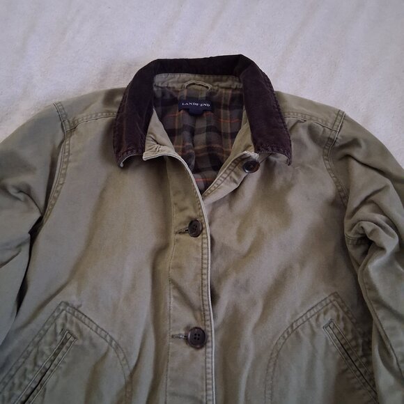 Lands' End Women's Medium Petite Khaki Green Plaid Lined Canvas Chore Coat - Picture 5 of 14
